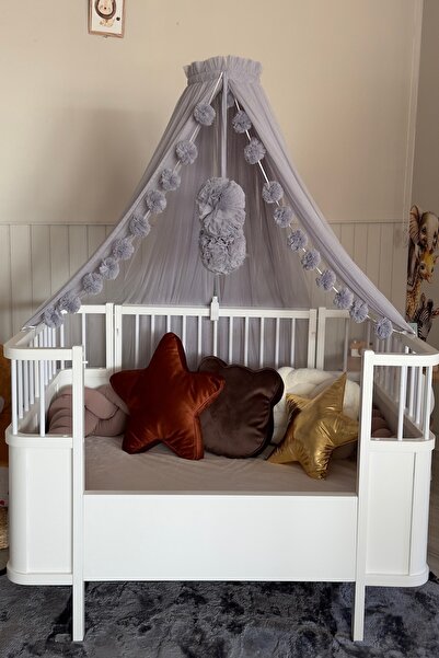 Pastelya Gri Bebek Beşik Cibinliği Yumuşak Pürüzsüz Tül Sineklik Aparatlı Cib...