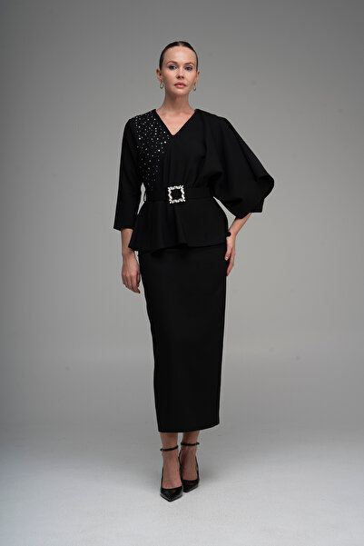 Lila Rose V Yaka Taş Baskılı Şık Kokteyl Elbise