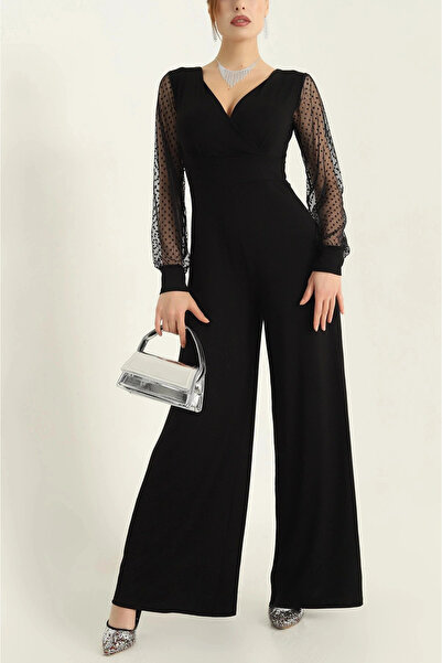 GENCULUS Women's Deep V Neck Sleeves Polka Dot Tulle Detail Flared Leg Jumpsuit