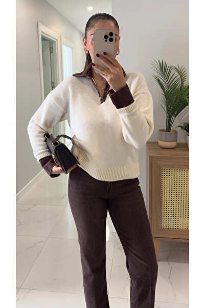 My Blog Ecru-Brown Collar Denim Detailed Sweater - 251099