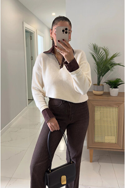 My Blog Ecru-Brown Collar Denim Detailed Sweater - 251099