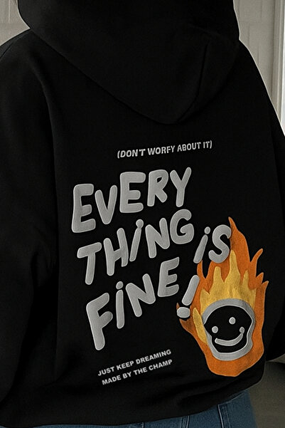 The Champ Clothing Τα πάντα είναι εντάξει με τύπωμα Unisex Μαύρο με κουκούλα Φούτερ – 3 Νήματα Σ επένδυση fleece Ύφασμα