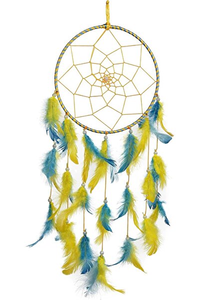 Generic ILU Dream Catcher, Handmade Wall Hanging, Yellow & Blue Feathers, 17cm Diameter, 51cm Length