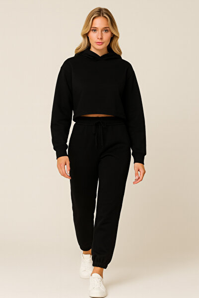 Giyim Dünyası بنطال رياضي نسائي من المطاط بثلاثة خيوط مبطن بالصوف لوبيز أسود