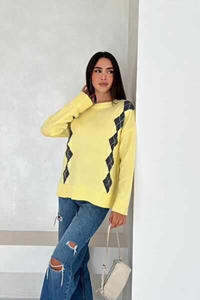 Noi Belis Crew Neck Diamond Pattern Knit Sweater Aw25Kz0079
