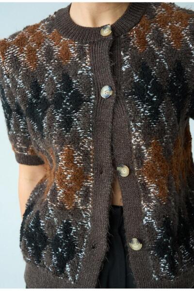 Serpirella Butik Retro Baklava Pattern Short Sleeve Cardigan