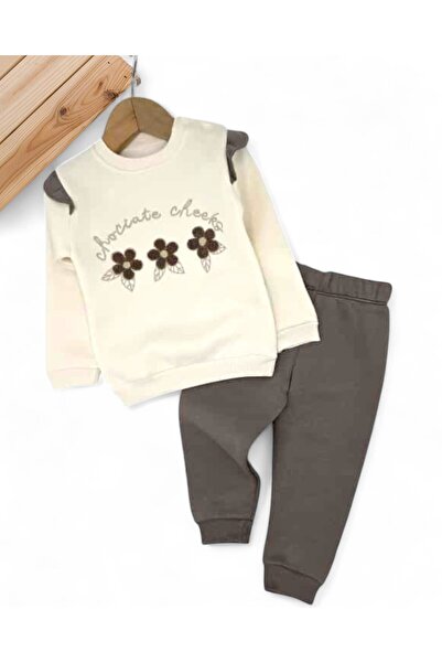 VOY KİDS Baby Girl Daisy Embroidered, Ruffled, 3 Thread Fleece-Lined Winter 6-9-12-18-24 Months Stylish Tracksuit Set