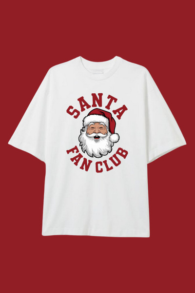 Dupe Design Santa Fan Club Printed Oversized Unisex White Christmas Themed T-Shirt