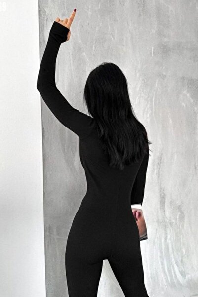 Mossta Ribbed Knit Long Sleeve Jumpsuit with Fabric Collar Detail - Black