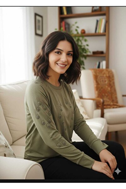 Aylin Güncüoğlu Long Sleeve Zero-Collar Sweatshirt with Ribbed Sleeves and Bottom, Sports Combed Cotton