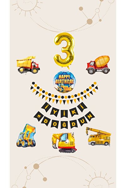 İthal Construction Themed 3 Year Old Birthday Party Set, Large Size 8 Pcs Bir...