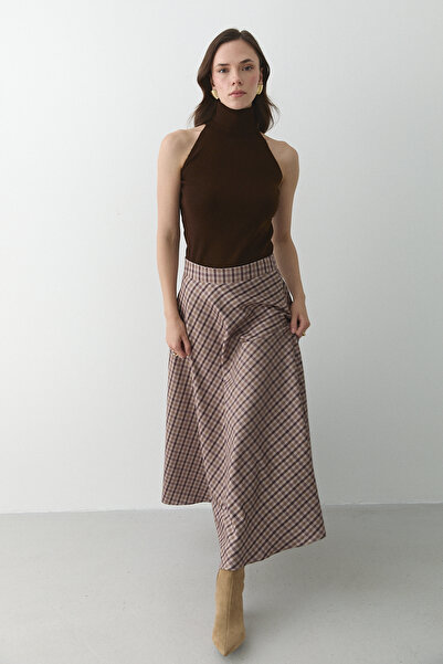 Laluvia Brown Plaid Skirt