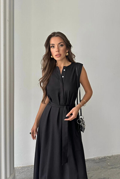 GENCULUS Linen Dress Sleeveless with Waist Tie Axi Dress Black