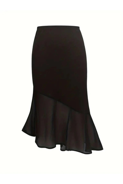 GENCULUS Women's High Waist Asymmetrical Detailed Imported Crepe Skirt