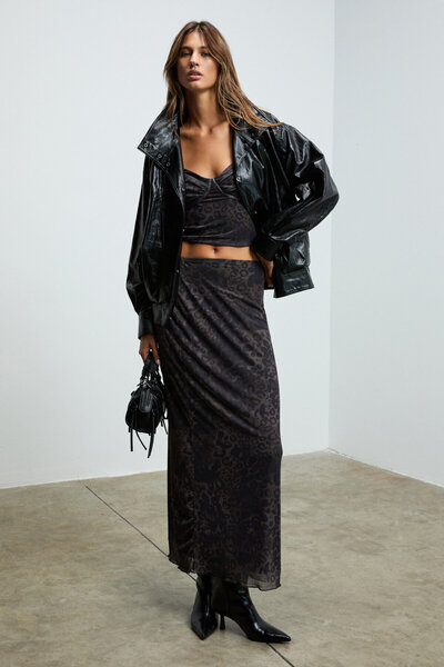 GRIMELANGE Lily Women's Tulle Mesh Double Layered Heart Neckline with Chest Cups Black-Leopard Print Blouse