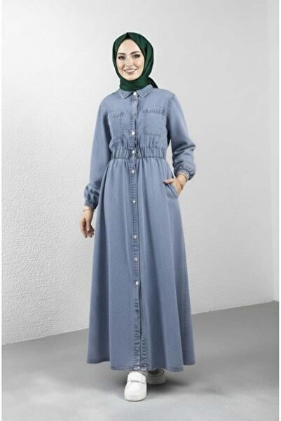 Hb Harma Time Butik Women's Pocket Detailed Elastic Waist Denim Jeans Blue Dress