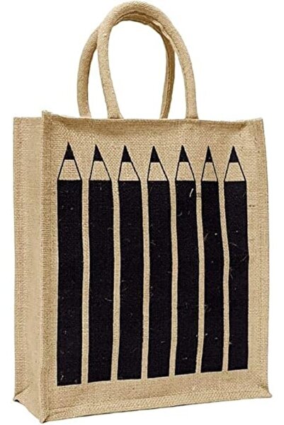 Generic Reusable Jute Tote Bag with Inner Vinyl Lining and Zipper (Pencil Print)
