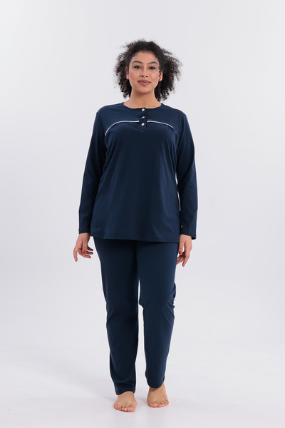 Mio Vero Women's Piped Long Sleeve Cotton Plus Size (Oversize) Pajama Set