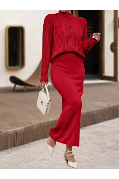 GENCULUS Women's Long Sleeve Turtleneck Blouse and Skirt Double Knitwear Set