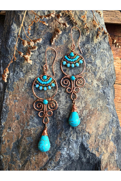 MODA Sıkma Turkuaz Bakır Tel Sarma Küpe