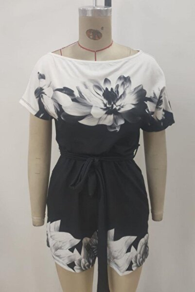 Mossta İki İplik Çiçek Ba Printed Hand-Tied Mini Jumpsuit - Black