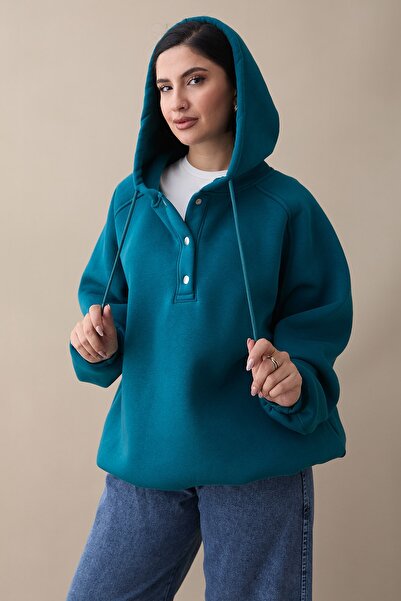 InStyle Snap Collar Hooded Petrol Blue Sweat
