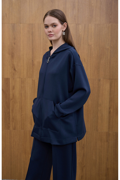 Birgül Bektaş Navy Blue Cozy Hooded Detailed Cardigan