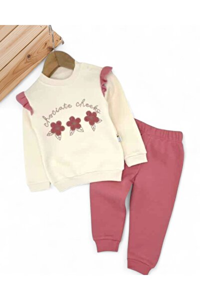 Ege Bebek Baby Girl Daisy Embroidered, Ruffled, 3 Thread Fleece-Lined Winter 6-9-12-18-24 Months Stylish Tracksuit Set