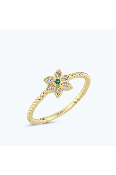 Altınbaş Yeşil Taşlı Altın Çiçek Yüzük