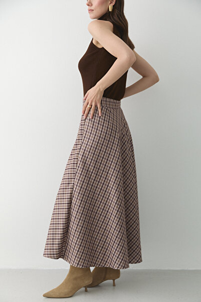 Laluvia Brown Plaid Skirt