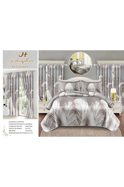 FIONNA.RO Fine Cotton Bedding and Curtain Set 1 Person - Grey With Feathers