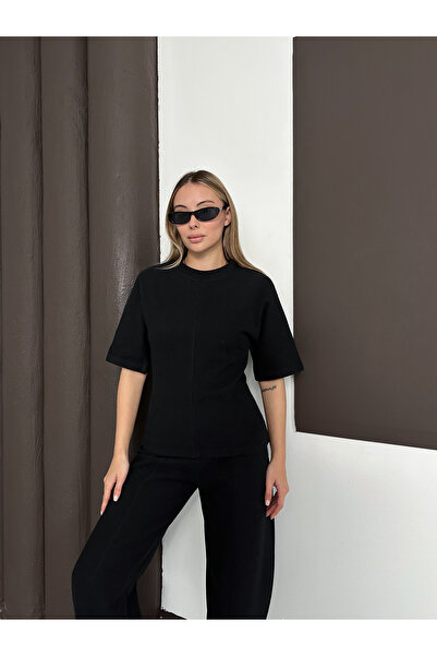 LE CARAMBOLE Women's Black Waist-Tied Short Sleeve Blouse Pants Two-Piece Set