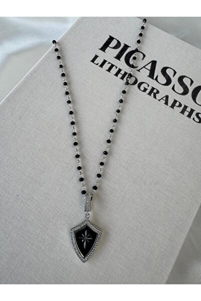H&S AKSESUAR Black Enamel Shield Model Zircon Stone Silver Color Lacquer Coat...