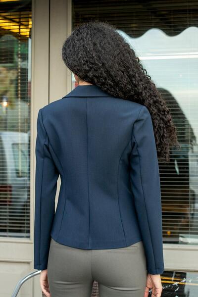 Jument Collared Flato Pocketed Long Sleeve Cotton Fabric Lightweight Stretch Fabric Short Blazer Office Jacket-Dark Navy