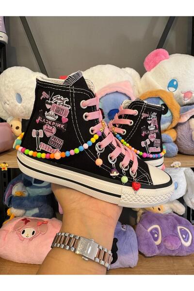 MECH BUTİK Blackpink Mix cu imprimeu Pantofi sport negri, roz, cu șireturi, c...
