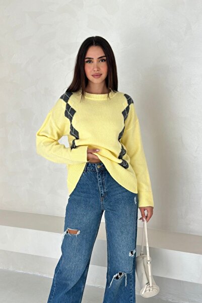 Noi Belis Crew Neck Diamond Pattern Knit Sweater Aw25Kz0079