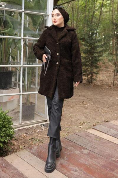 hafsamina Double-Breasted Lapel Plush Coat Brown Hm2507
