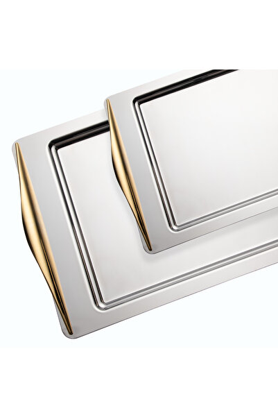 Nehir Kuzey Set of 2 Gold Plain Steel Trays