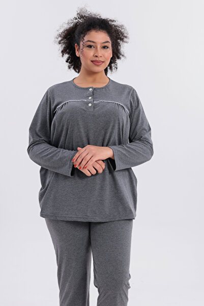 Mio Vero Women's Piped Long Sleeve Cotton Plus Size (Oversize) Pajama Set