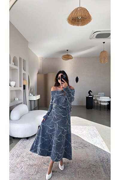 Buket Teke Blue Self-Patterned Knit Fabric Skirt Madonna Blouse Set