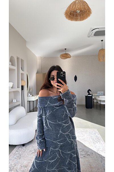 Buket Teke Blue Self-Patterned Knit Fabric Skirt Madonna Blouse Set