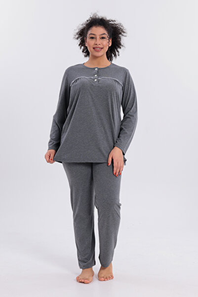 Mio Vero Women's Piped Long Sleeve Cotton Plus Size (Oversize) Pajama Set