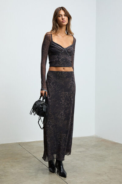 GRIMELANGE Lily Women's Tulle Mesh Double Layered Heart Neckline with Chest Cups Black-Leopard Print Blouse