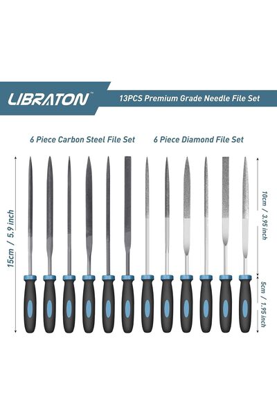 Generic مجموعة ملفات صغيرة من ليبراتون، مبردات إبرة ماسية، 13 قطعة مع فرشاة وحقيبة حمل