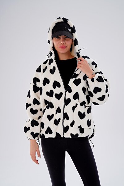 ŞİMAL Women's Heart Patterned Plush Coat 255401 -