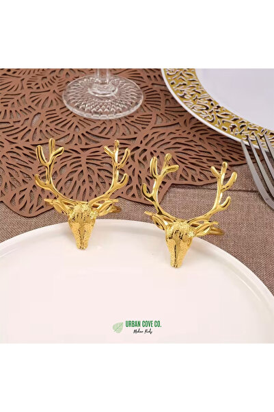 UrbanCove Co 4-Piece New Year, Winter Themed Deer Head Napkin Holder Set – Gold Color, Cast Metal