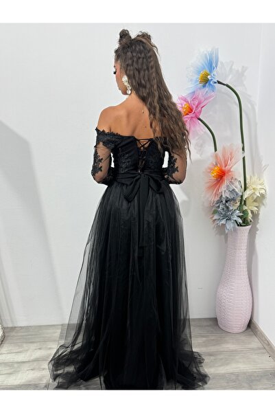 KATYDEA STORE Vivian black tulle and lace long evening dress