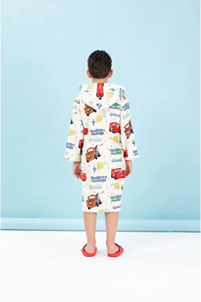 Özdilek Disney Licensed Cars Spring Cream Embroidered 7-8 Years Old Hooded Children's Bathrobe