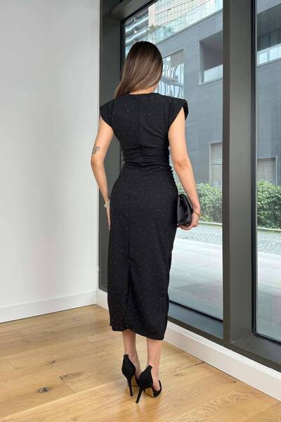 Varyete Stone Print Shoulder Pad Piece Slit Midi Length Evening Dress