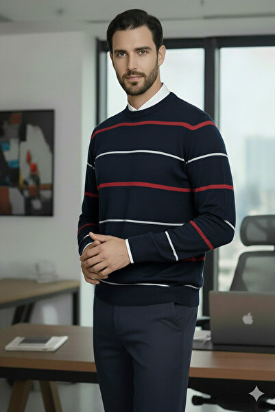 Millionaire Men's Stripe Detailed Navy Blue Red Crew Neck Standard Regular Cut Regular Fit Knitwear Sweater
